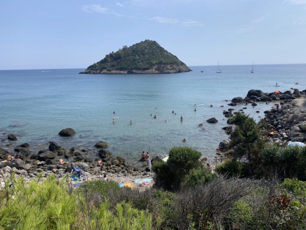 Spiaggia che si affaccia su mare limpido con un'isolotto poco distante dalla riva