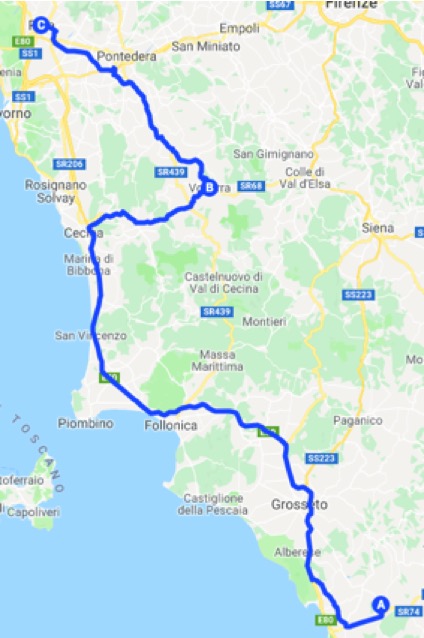 Cartina percorso in auto dalla Maremma a Siena