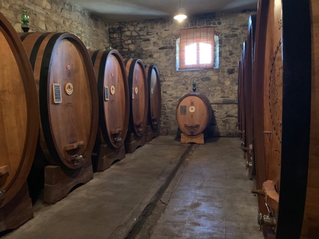 Botti di vino all'interno di una cantina