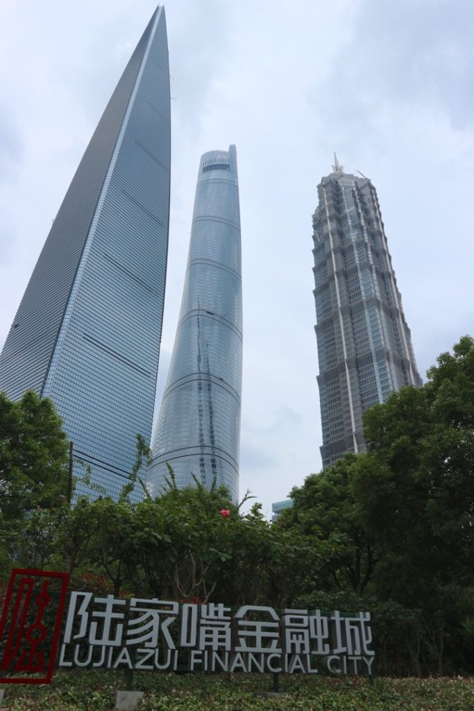 Tre grattacieli di Shanghai visti dal basso di alcuni cespugli, con alla base la scritta "Lujiazui Financial City"