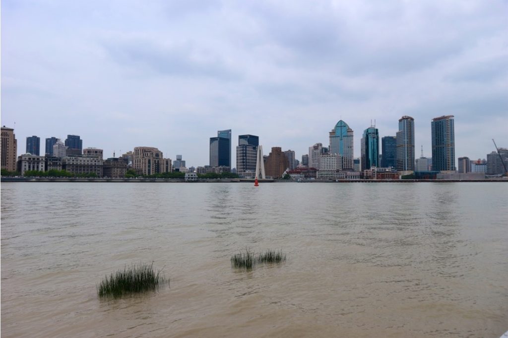 Fiume con acqua marroncina, in fondo edifici della città e cielo grigio