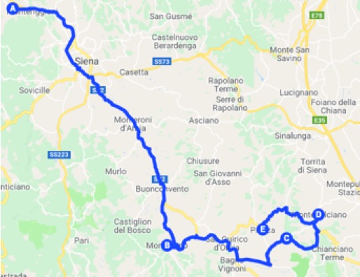 Mappa dell'itinerario in Toscana da Monteriggioni a Pienza